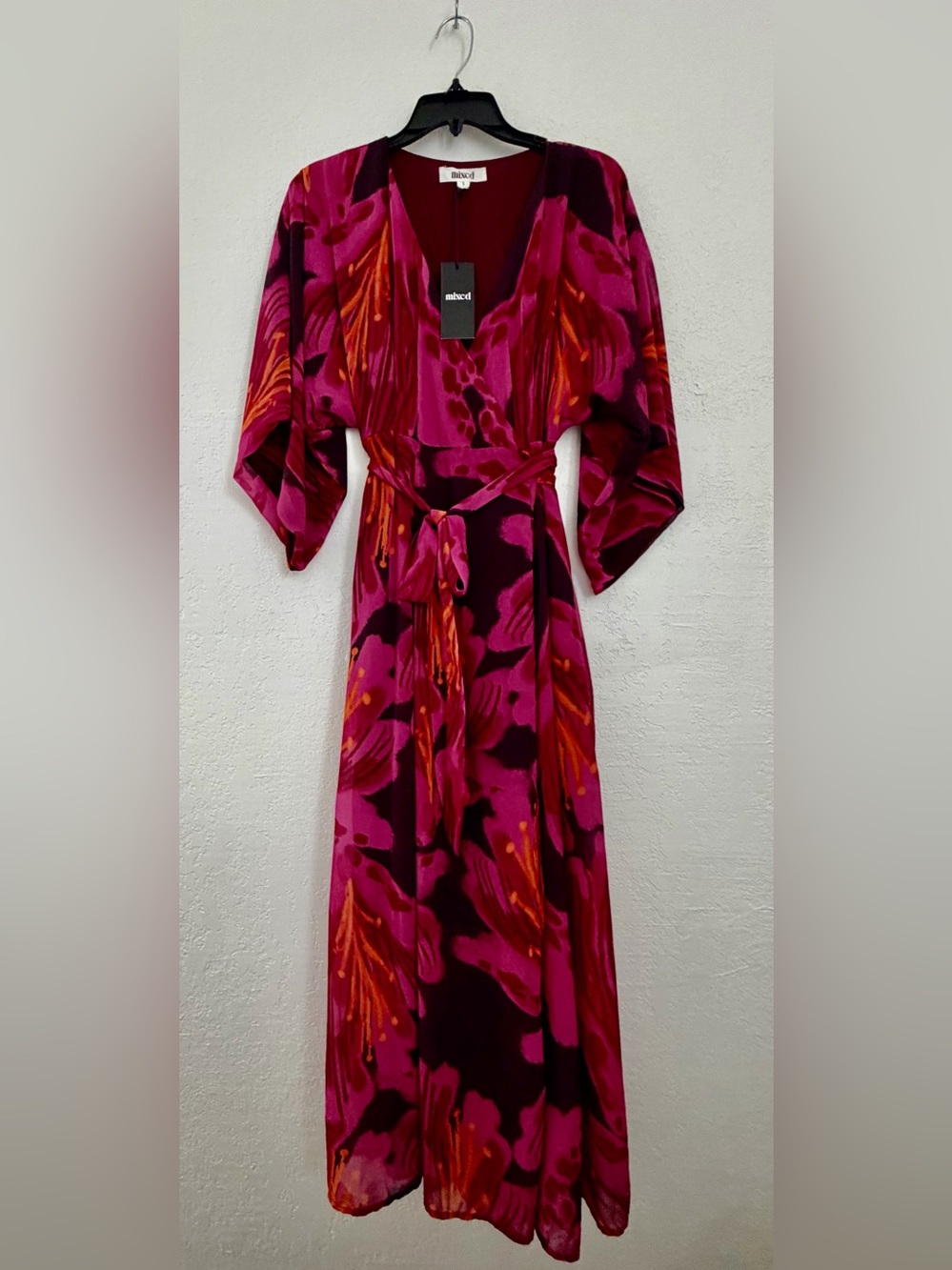 Abstract Floral Wrap Maxi Dress in Magenta and Orange by AllSaints